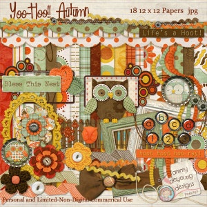 Thanksgiving Owls Scrapbook Kit, Automne Owl Clip Art, automne papiers numériques pour les cartes de vœux, albums, invitations, décor de Thanksgiving