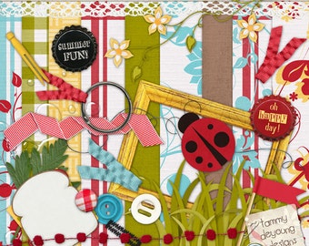 Digital Picnic Scrapbook Kit 2, Vintage-style Tablecloth Papers, ladybugs, lace, frames for Spring & Summer picnic themed cards, scrapbooks