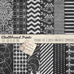 Digital Chalkboard Papers, Black and White patterns, damask, Fleur de lis, dots, diamonds, chevron, for invitations, weddings, scrapbooks image 1