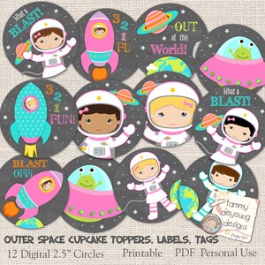 Outer Space Tags for Girls, Cosmic Cupcake Toppers, 2.5 inch circle labels Girl Astronaut Birthday Party Favors, Printable space stickers