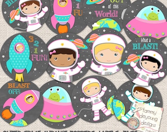 Outer Space Tags for Girls, Cosmic Cupcake Toppers, 2.5 inch circle labels Girl Astronaut Birthday Party Favors, Printable space stickers