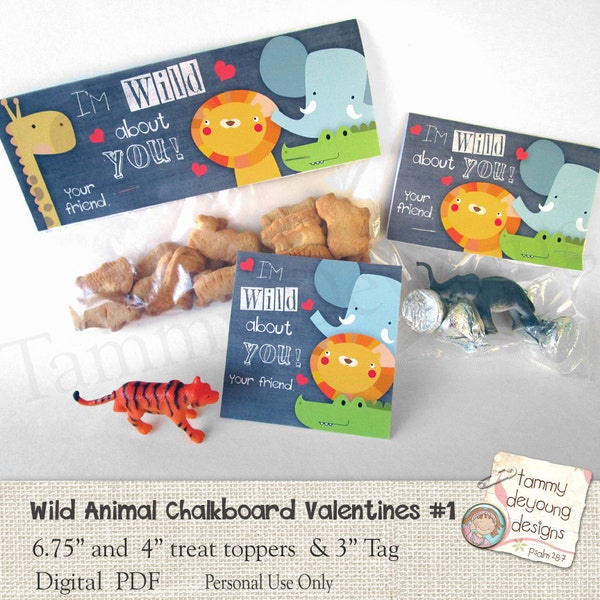 Valentine Treat Bag Toppers & Tag, Wild Animal Valentines for kids, Jungle Animal Valentines, Boy Valentines, safari school valentines