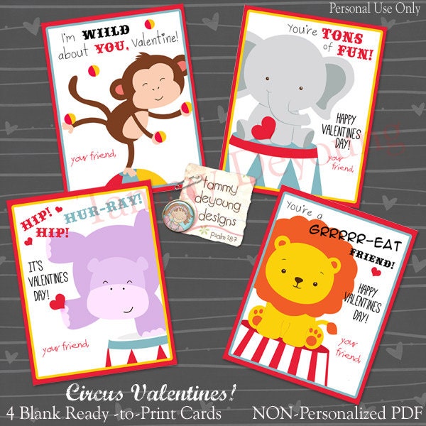 Circus Kids Valentine cards, Printable DIY classroom Valentines, Carnival lion, elephant, hippo, monkey, school valentine tags boys, girls