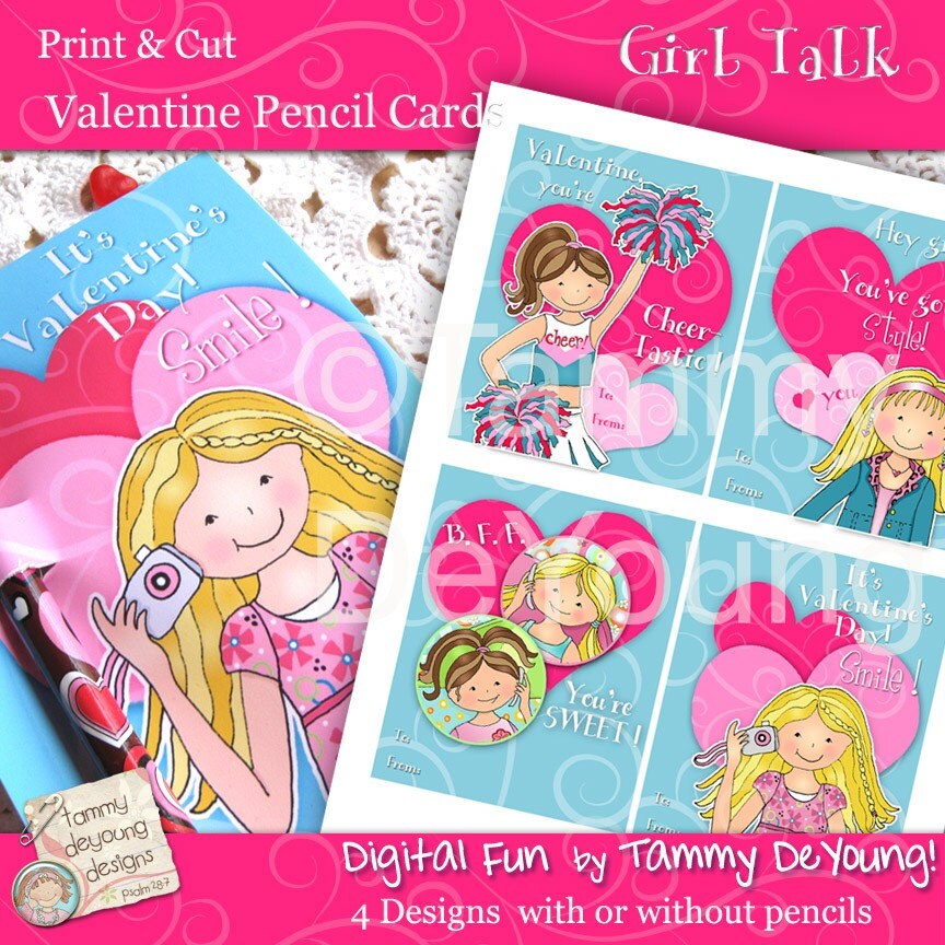 Girls Valentine Cards for Kids* DIY Printable Treat Holders for Best ...