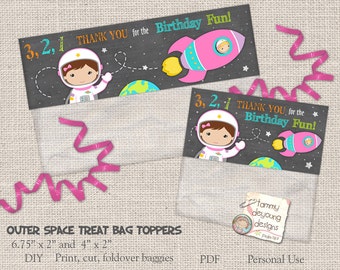 Girls Outer Space Treat Bag Toppers, Girl Astronaut Birthday Party Favors, Cosmic Birthday loot bags,  Printable goodie bags, treat holders