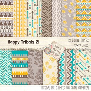 Puede incluir: Un conjunto de 13 papeles digitales con patrones tribales en tonos de marrón, gris, amarillo y turquesa. Los papeles miden 30,5 x 30,5 cm y están en formato JPG. El texto "Happy Tribals 2!" está en la parte superior de la imagen. El texto "13 DIGITAL PAPERS 12X12 JPGS" está en la parte superior derecha de la imagen. El texto "PERSONAL USE & LIMITED NON-DIGITAL COMMERCIAL" está en la parte inferior de la imagen.