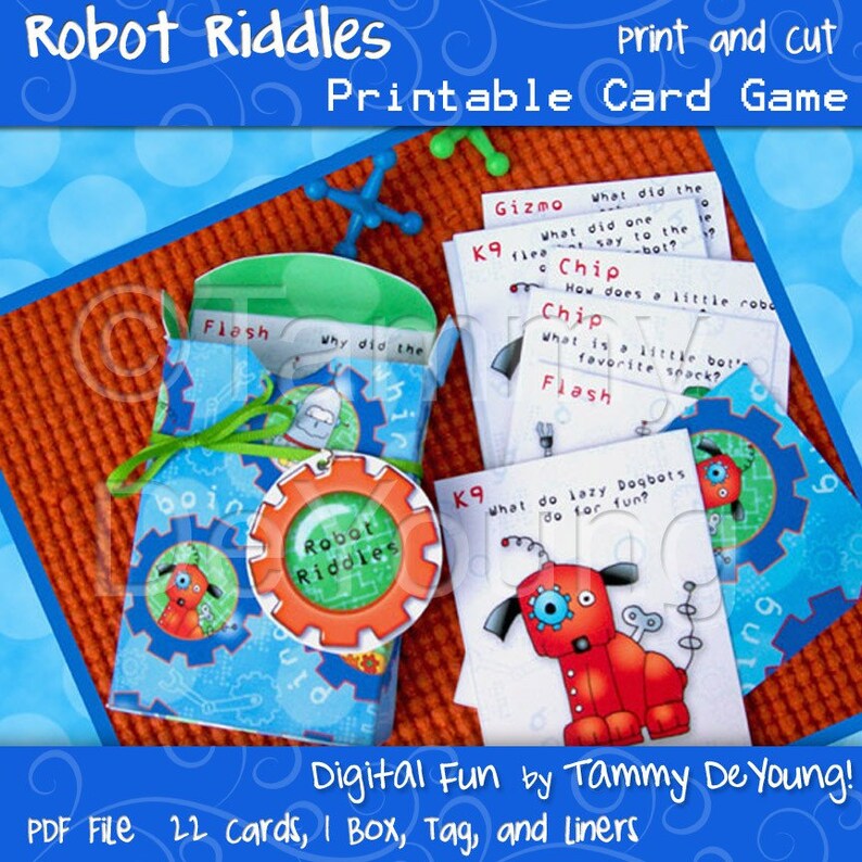 Robot Party Favor Printable, Robot Riddle Card Game, Kids Birthday ...