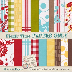 May include: A set of 18 digital papers featuring a variety of patterns, including floral, plaid, and geometric designs. The papers are in red, yellow, blue, green, and brown colours. The text "Picnic Time PAPERS ONLY" is displayed at the top of the image. The text "18 12 x 12 Papers" is displayed at the bottom left of the image. The text "Personal and Limited, non-digital business use" is displayed at the bottom right of the image.
