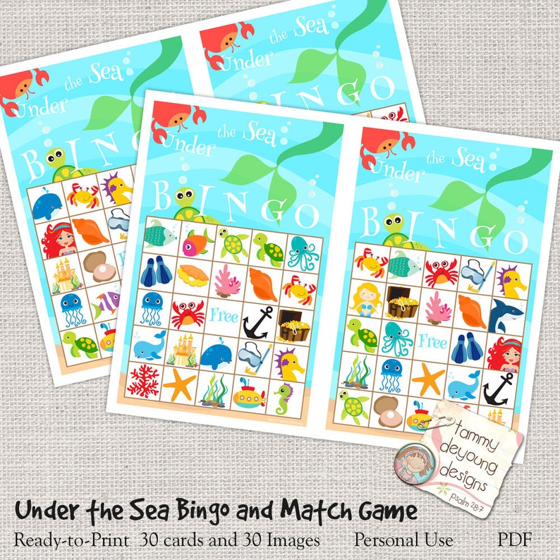May include: A printable under the sea bingo game with 30 cards and 30 images. The cards feature a variety of sea creatures, including a mermaid, a crab, a turtle, a fish, an octopus, a seahorse, a jellyfish, a whale, a starfish, a seashell, a treasure chest, an anchor, and a submarine. The game is ready to print and perfect for a kids' birthday party or other ocean-themed event.