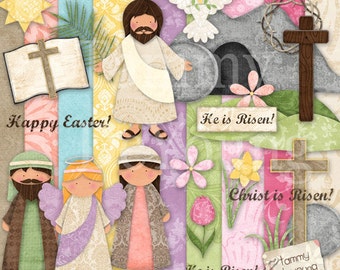 May include: A digital clipart set with a religious Easter theme. The set includes images of Jesus, angels, a cross, a dove, flowers, and text that says "He is Risen!" and "Happy Easter!"