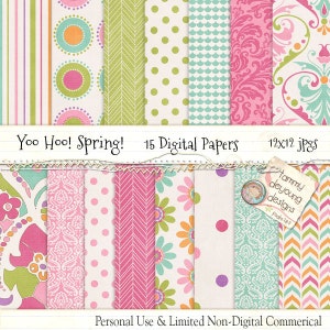 Spring Digital Papers Paisley Baby Shower Groovy Girl Pink Green Turquoise Blue Patterns for invitations, birthday, weddings, greeting cards