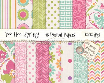 Spring Digital Papers Paisley Baby Shower Groovy Girl Pink Green Turquoise Blue Patterns for invitations, birthday, weddings, greeting cards
