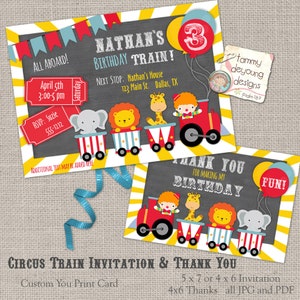 Puede incluir: Un conjunto de invitación y tarjeta de agradecimiento imprimible para una fiesta de cumpleaños con temática de tren de circo. La invitación presenta un tren rojo, amarillo y azul con animales y un payaso. La tarjeta de agradecimiento presenta el mismo tren con un globo divertido. El texto de la invitación dice "Nathan's Birthday Train!" y el texto de la tarjeta de agradecimiento dice "Thank You for Making My Birthday".
