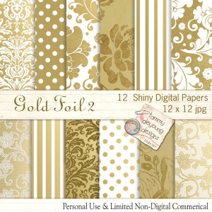Papel Folha de Ouro Metálico * Papel Digital Dourado 2 * fundos padrões dourados, damasco dourado, renda dourada, flores, bolinhas para cartões feitos à mão