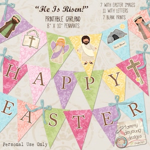 Könnte beinhalten: Druckbare Ostergirlande mit 20,3 cm x 25,4 cm großen Wimpeln. Die Girlande zeigt verschiedene Bilder, darunter ein Kreuz, einen Engel, Jesus und die Worte "Frohe Ostern".