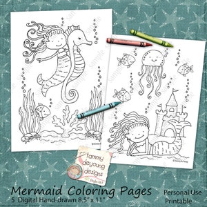 May include: Two black and white mermaid coloring pages with crayons. One page features a mermaid with a seahorse, the other a mermaid near a sandcastle. Text reads "Mermaid Coloring Pages" and "5 Digital Hand-drawn 8.5" x 11"".