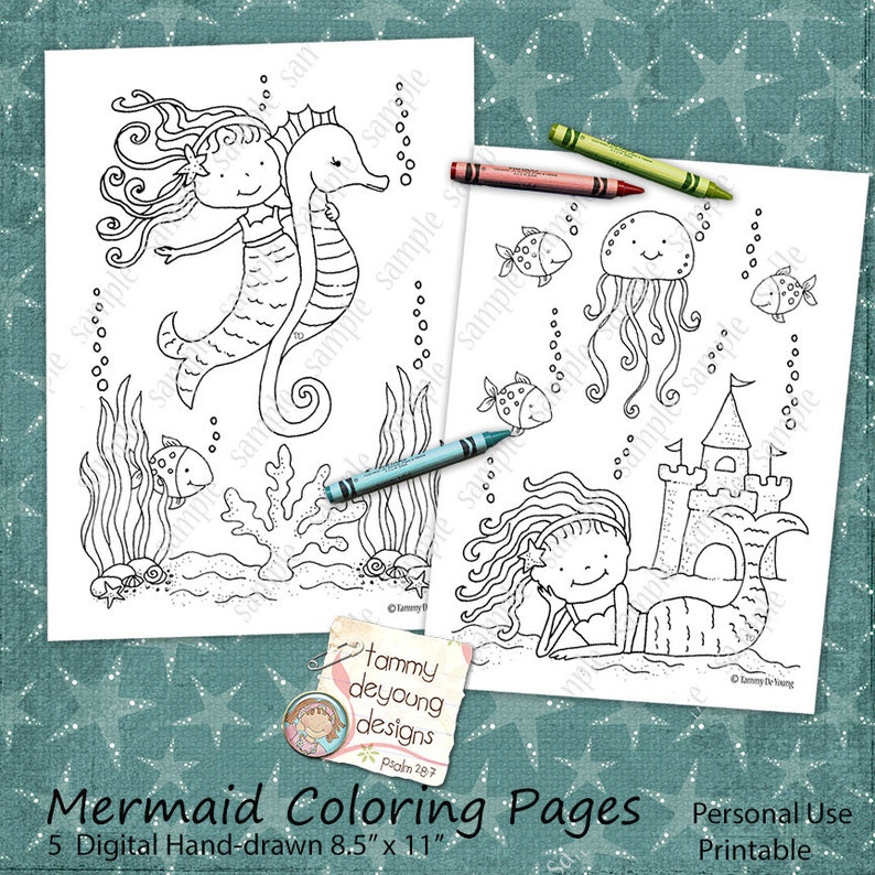 May include: Two black and white mermaid coloring pages with crayons. One page features a mermaid with a seahorse, the other a mermaid near a sandcastle. Text reads "Mermaid Coloring Pages" and "5 Digital Hand-drawn 8.5" x 11"".
