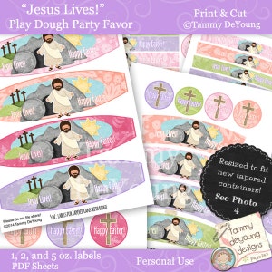 May include: Printable Easter party favour labels featuring a colourful design with a cross, a star, and the text "Jesus Lives!" and "Happy Easter!" The labels are designed to fit tapered containers and are available in 1, 2, and 5 ounce sizes.