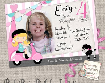 Paris Birthday Invitation, Pink Paris Custom Digital Photo invite for Girls with Vespa, Eiffel Tower and Poodle, personalized, you print