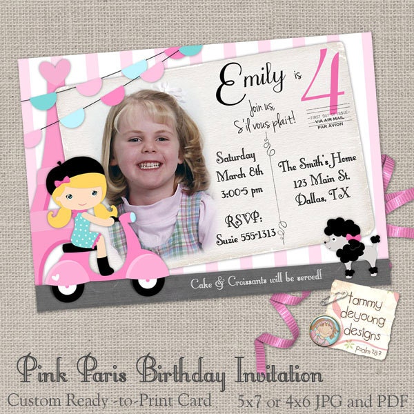 Paris Birthday Invitation, Pink Paris Custom Digital Photo invite for Girls with Vespa, Eiffel Tower and Poodle, personalized, you print