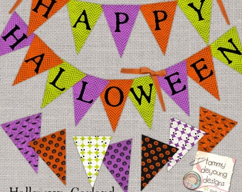 Printable Halloween Banner, Halloween Garland, Halloween Bunting Pennant Flags DIY Halloween party decor pumpkins, bats, eyeballs