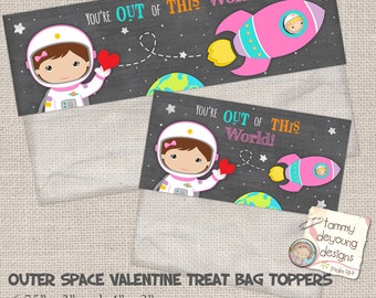 Valentines for Kids, Outer Space Valentine Treat Bag Toppers, Girl Valentine Party Favor, Astronaut valentine cards, Printable Valentine tag