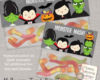 Halloween Party Favors Printable, Halloween treat bag topper, trick or treat bags, Monster Mash Frankenstein, Vampire, candy loot bag labels