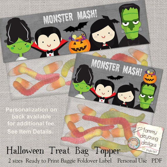 Halloween Party Favors Printable, Halloween treat bag topper, trick or treat bags, Monster Mash Frankenstein, Vampire, candy loot bag labels
