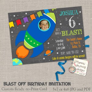 Outer Space Geburtstag Einladungen Custom digitale Foto-Karten für Kinder im Tafel-Stil, personalisiert, Sie drucken