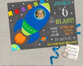 Outer Space Birthday Invitations Custom Digital Photo Cards for Kids in chalkboard style, personalized, you print