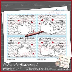 Coloring Valentine Cards for Kids, Whale Valentines Day Tags, DIY ...