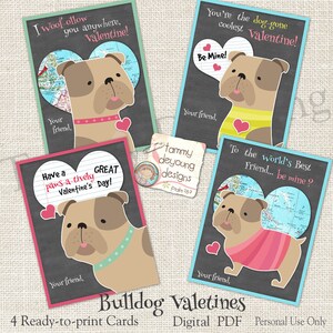 Kinder Valentines, Welpe Valentinstag Karten für Jungen oder Mädchen, druckbare Schule Valentines, Bulldog Valentines mit Weltkarte Herz