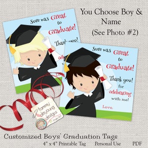 Chicos etiquetas de graduación, graduación gracias tarjeta Digital, niños Custom graduación etiqueta engomada, etiqueta de bolsa de tratar de 4 pulgadas, preescolar Kinder Grad