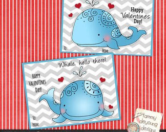 Whale School Valentines for boys and girls, DIY Printable Valentine tags, classmate valentine cards, Valentines for kids, nautical