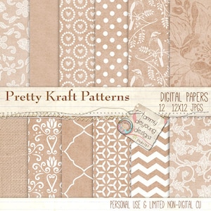 Carte Kraft digitali, modelli di carta Kraft marrone, sfondi pizzo e tela di ragno, matrimonio rustico, chevron, uccelli, damascato cottage shabby chic