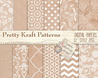Digital Kraft Papers, Brown Kraft Paper patterns, Lace & Burlap backgrounds, rustic wedding, chevron, birds, damask shabby cottage chic