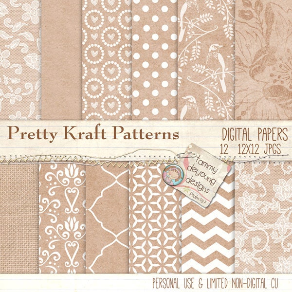 Digital Kraft Papers, Brown Kraft Paper patterns, Lace & Burlap backgrounds, rustic wedding, chevron, birds, damask shabby cottage chic