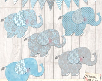Olifant glinsterende Clip Art, clipart Blue en Gray olifant, digitale kwekerij kunst, baby jongen decor, plakboeken uitnodigingen aankondigingen jongen babydouche