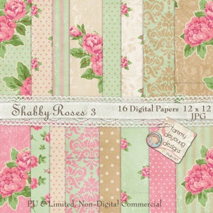 Shabby Chic Roses numérique papier English Garden Cottage de style Vintage Antique en menthe, rose, beige, marron Damas, pois et rayures Set 1