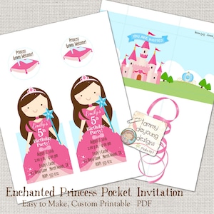 K&ouml;nnte beinhalten: Druckbare Tascheneinladung f&uuml;r eine Prinzessinnen-Mottoparty zum 5. Geburtstag. Die Einladung zeigt eine Comic-Prinzessin in einem rosa Kleid mit einem Zauberstab, ein rosa Schloss und eine Kutsche. Der Text auf der Einladung lautet "Emily's 5th Birthday Party!" und enth&auml;lt Datum, Uhrzeit, Ort und RSVP-Informationen.