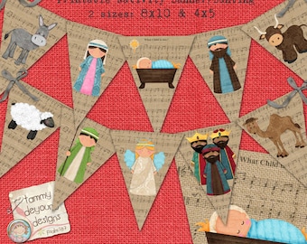 Girlanda na kominek bożonarodzeniowy, chorągiewka świąteczna do wydrukowania, baner świąteczny, jutowa girlanda bożonarodzeniowa ze sceną żłóbka z Dzieciątkiem Jezus