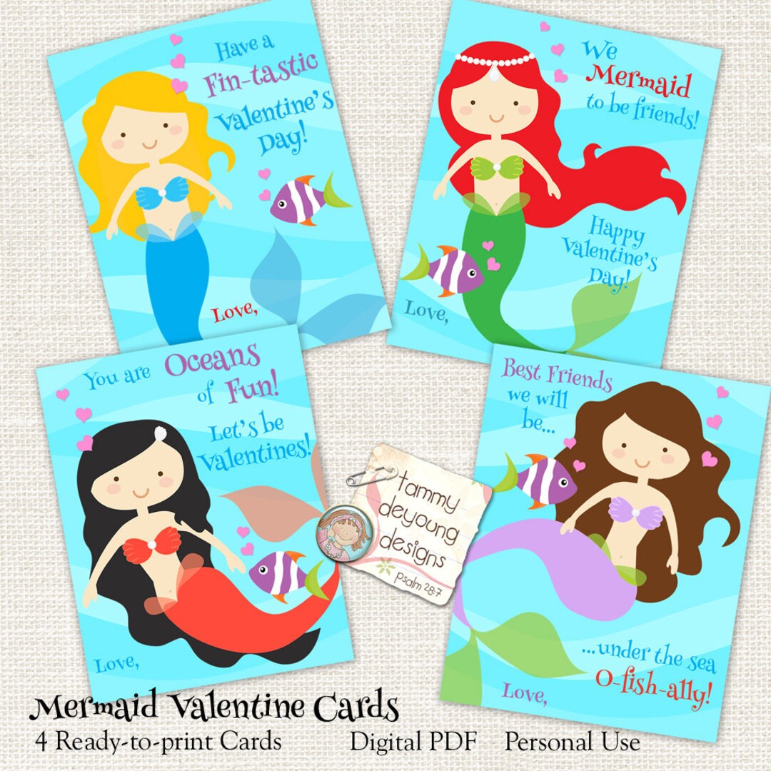 Mermaid Valentine Cards, School Valentines for Girls, Printable ...
