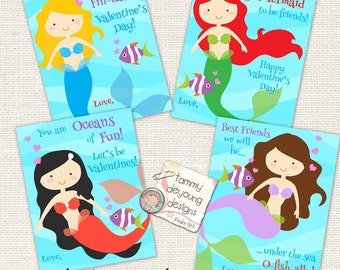 Mermaid Valentine Cards, School Valentines for girls, Printable Valentines for kids, personalization extra