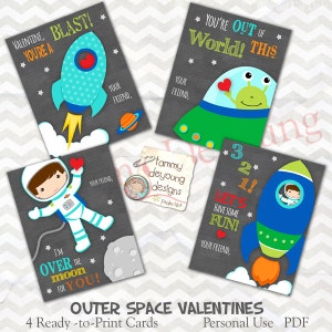 Astronaut Valentijnskaarten voor kinderen, Outer Space Rocket Valentines voor jongens, DIY afdrukbare Valentijnsdagkaarten, Alien en ruimteschip