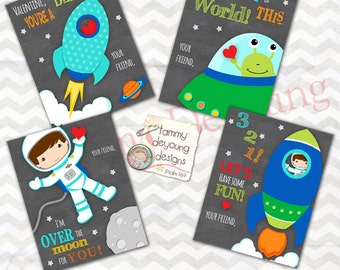 Astronaut Valentine Cards for Kids, Outer Space Rocket Valentines for boys,  DIY Printable Valentines Day cards, Alien and space ship