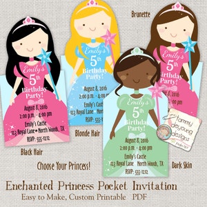 K&ouml;nnte beinhalten: Druckbare Tascheneinladung zu einer 5. Geburtstagsfeier mit einer Prinzessin in verschiedenen Haarfarben. Die Einladung enth&auml;lt den Text "Emily's 5th Birthday Party!" und Details zur Party, einschlie&szlig;lich Datum, Uhrzeit, Ort und RSVP-Informationen.