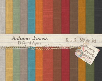 Peut inclure: Un ensemble de 13 papiers numériques présentant des textures de lin d'inspiration automnale dans différentes nuances de brun, orange, rouge, jaune et vert. Les papiers mesurent 30,5 cm sur 30,5 cm et 300 dpi. Le texte "Autumn Linens" et "13 Digital Papers" est affiché sur un fond blanc avec une bordure brune.