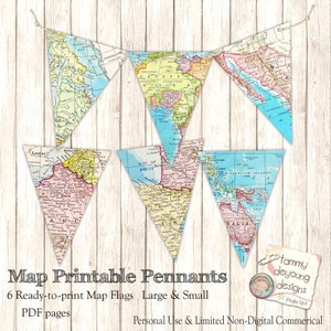 Map Banner Bunting *Map Party Pennant Flags* guirnalda de mapa imprimible, decoración de viaje, graduación, boda, cumpleaños, baby shower, lugares a los que va