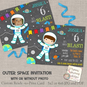 Boys Outer Space Birthday Invitations, Astronaut Invites, Cosmic Birthday Party for boys in chalkboard style, personalized, you print