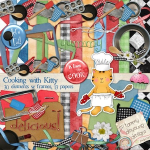 Digitale Kit cottura Scrapbook, ClipArt di Chef. Elementi dell'album di cucina, documenti digitali di Bistro, ricetta carta Frames, baciano la clipart cuoco